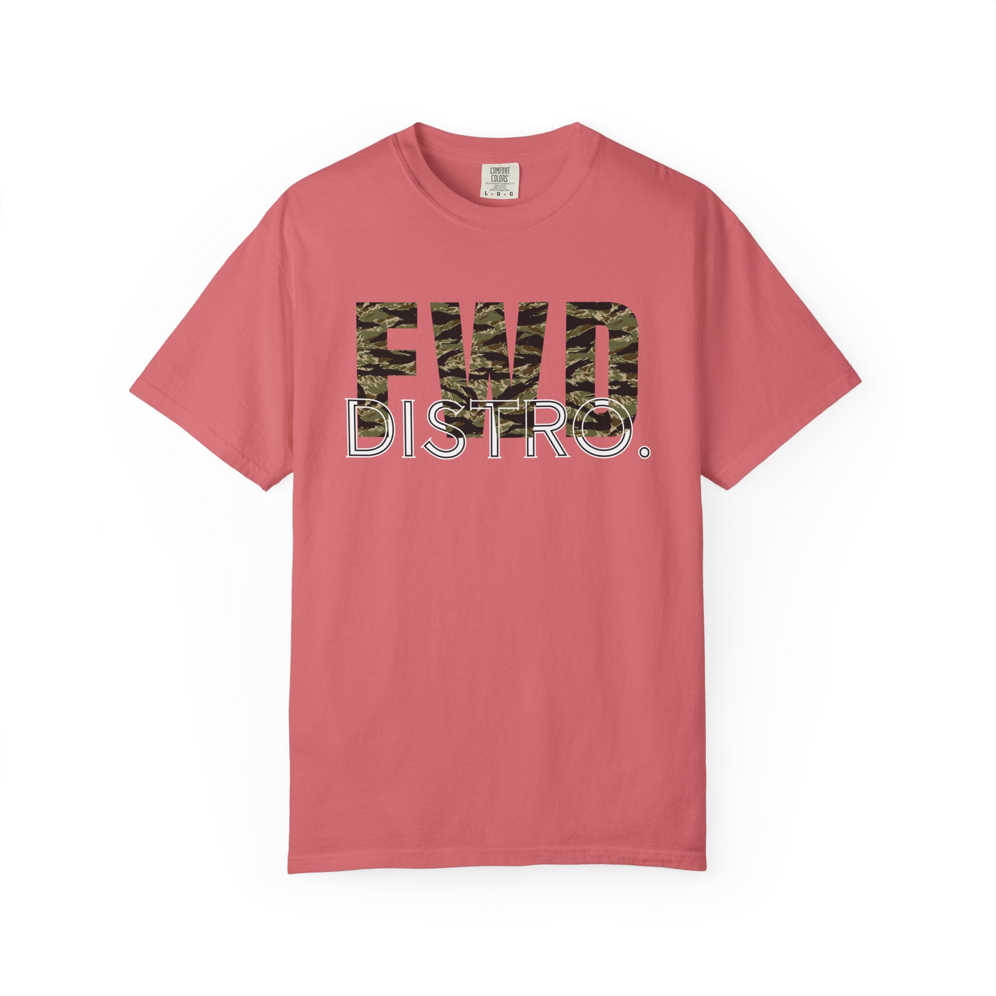 Watermelon heavyweight cotton t-shirt with "FWD DISTRO" tiger stripe graphic and relaxed fit, durable double-needle stitching.