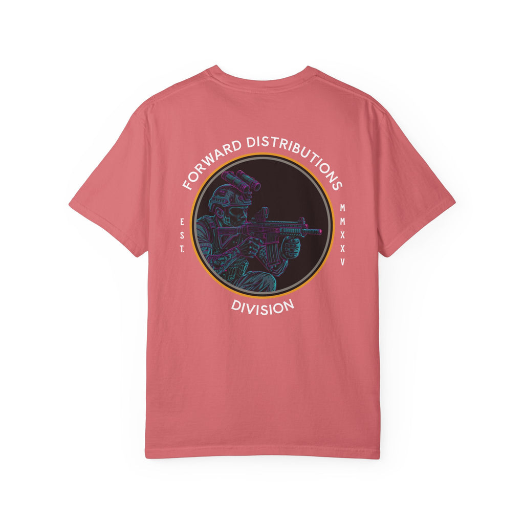 Watermelon heavyweight cotton t-shirt with a colorful soldier graphic and Forward Distributions Division text on the back.
