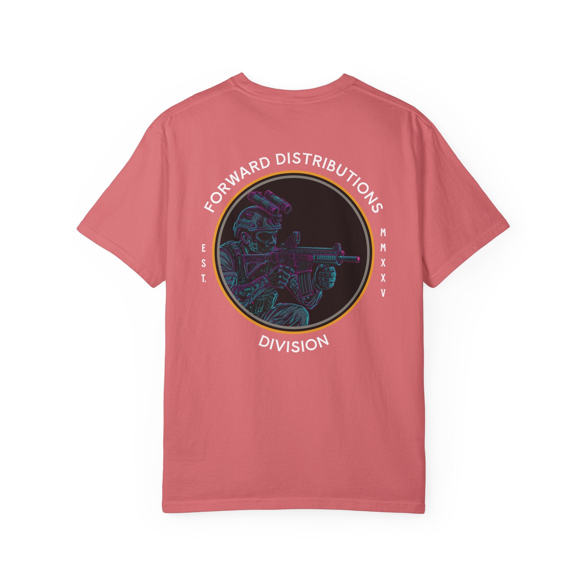 Watermelon heavyweight cotton t-shirt with a colorful soldier graphic and Forward Distributions Division text on the back.