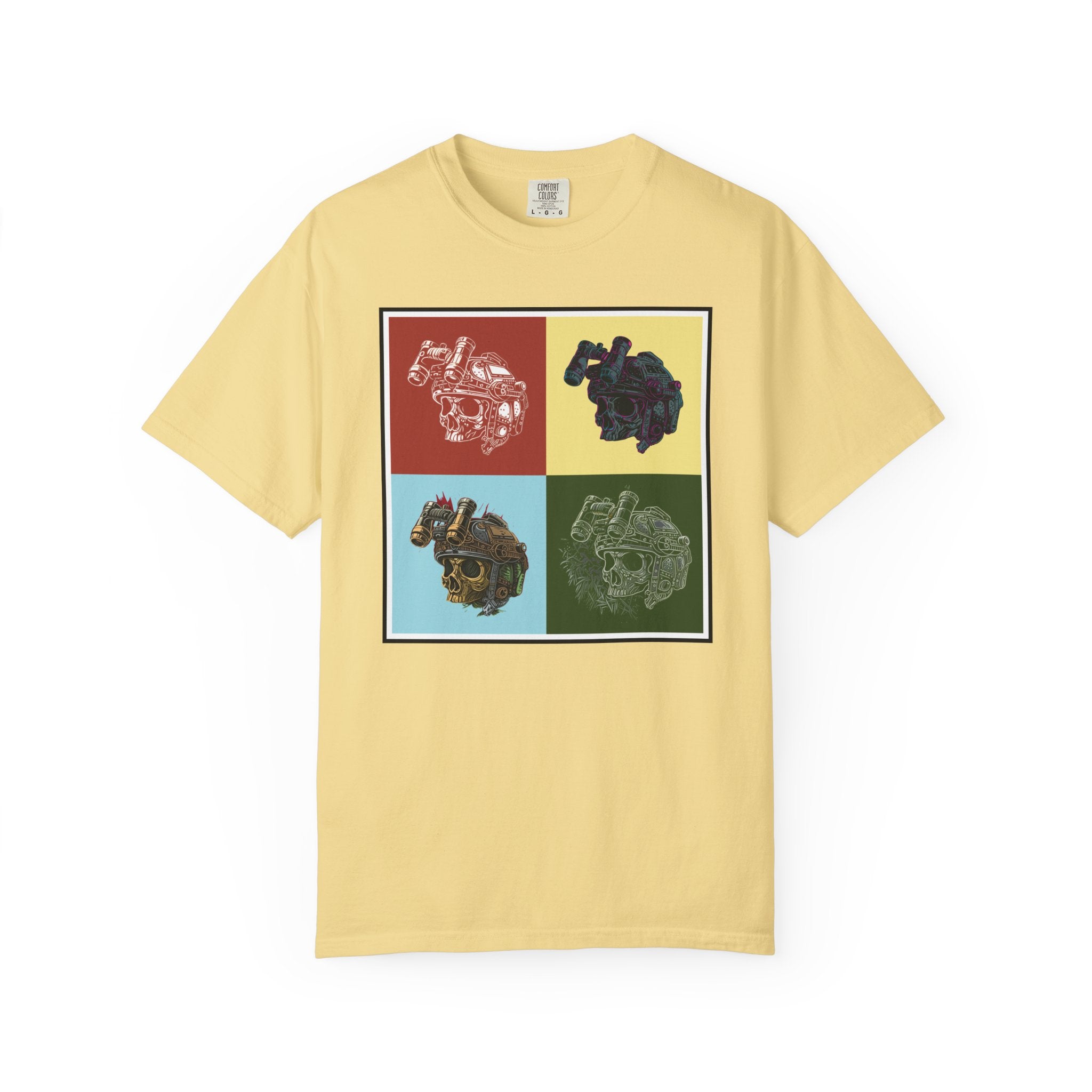 Butter Pop ART t-shirt with four colorful pop art style mechanical skull designs on front.