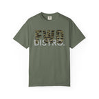 Moss heavyweight cotton t-shirt with "FWD DISTRO" tiger stripe graphic and relaxed fit, durable double-needle stitching.