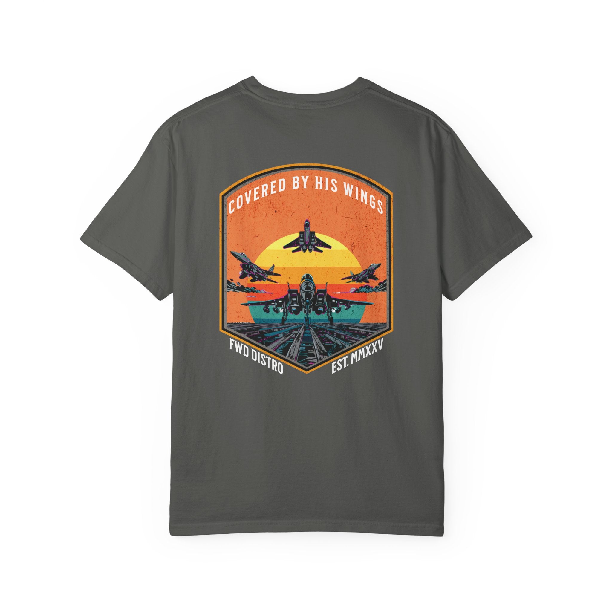Pepper t-shirt with graphic of fighter jets and sunset text Covered By His Wings on back