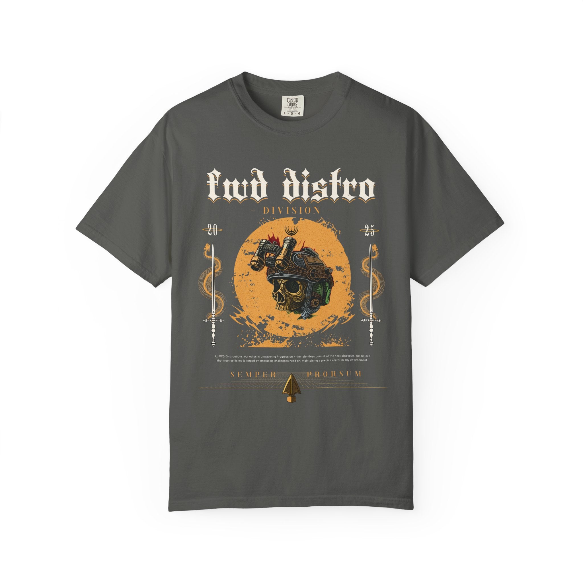 Pepper heavyweight cotton t-shirt with FWD Distro Division graphic and vintage emblem design on front.