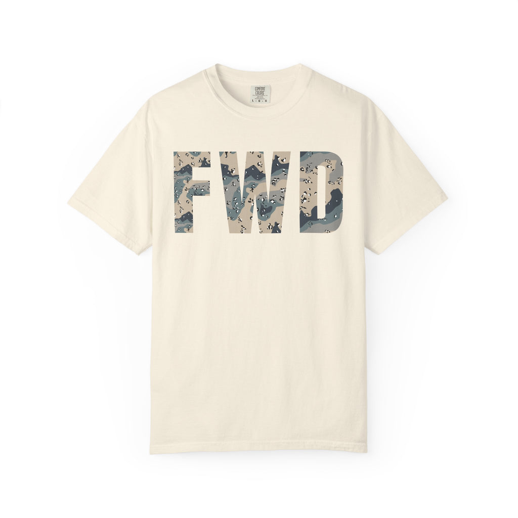 Ivory heavyweight cotton t-shirt with FWD text in polar choc chip camo pattern, relaxed fit, rib collar, and durable stitching.