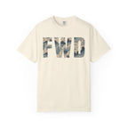 Ivory heavyweight cotton t-shirt with FWD text in polar choc chip camo pattern, relaxed fit, rib collar, and durable stitching.