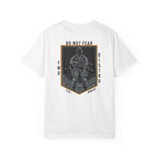 White heavyweight cotton T-shirt with Soldier holding rifle graphic and Do Not Fear text design on back.