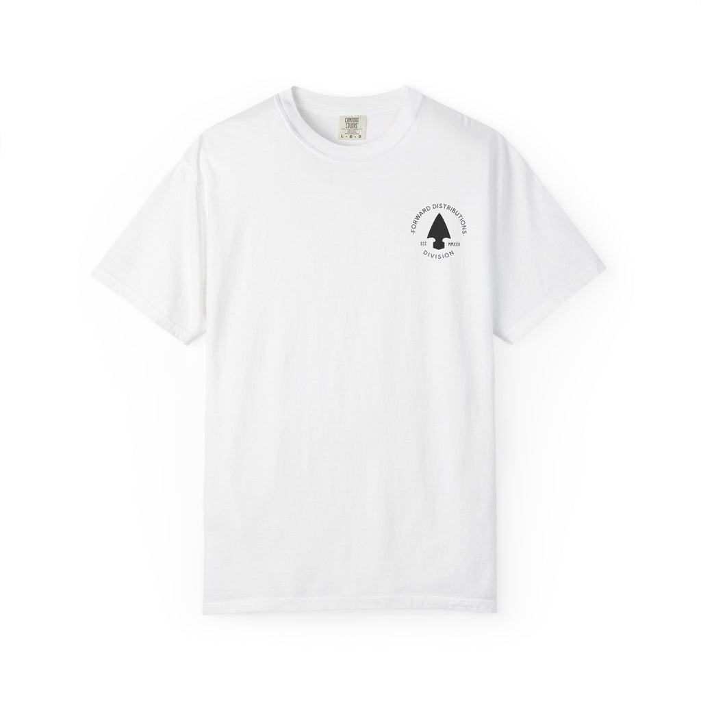 White t-shirt with a Forward Distributions Division badge logo.