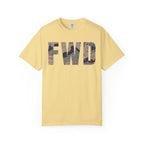 Butter heavyweight cotton t-shirt with FWD text in blueberry chip camouflage print, relaxed fit and rib collar.
