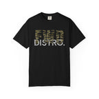 Black heavyweight cotton t-shirt with "FWD DISTRO" tiger stripe graphic and relaxed fit, durable double-needle stitching.