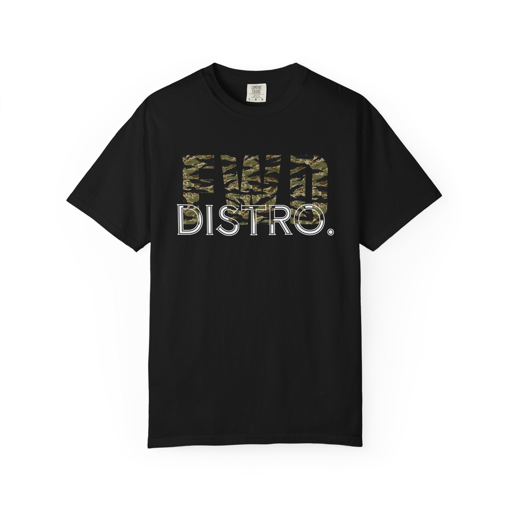 Black heavyweight cotton t-shirt with "FWD DISTRO" tiger stripe graphic and relaxed fit, durable double-needle stitching.