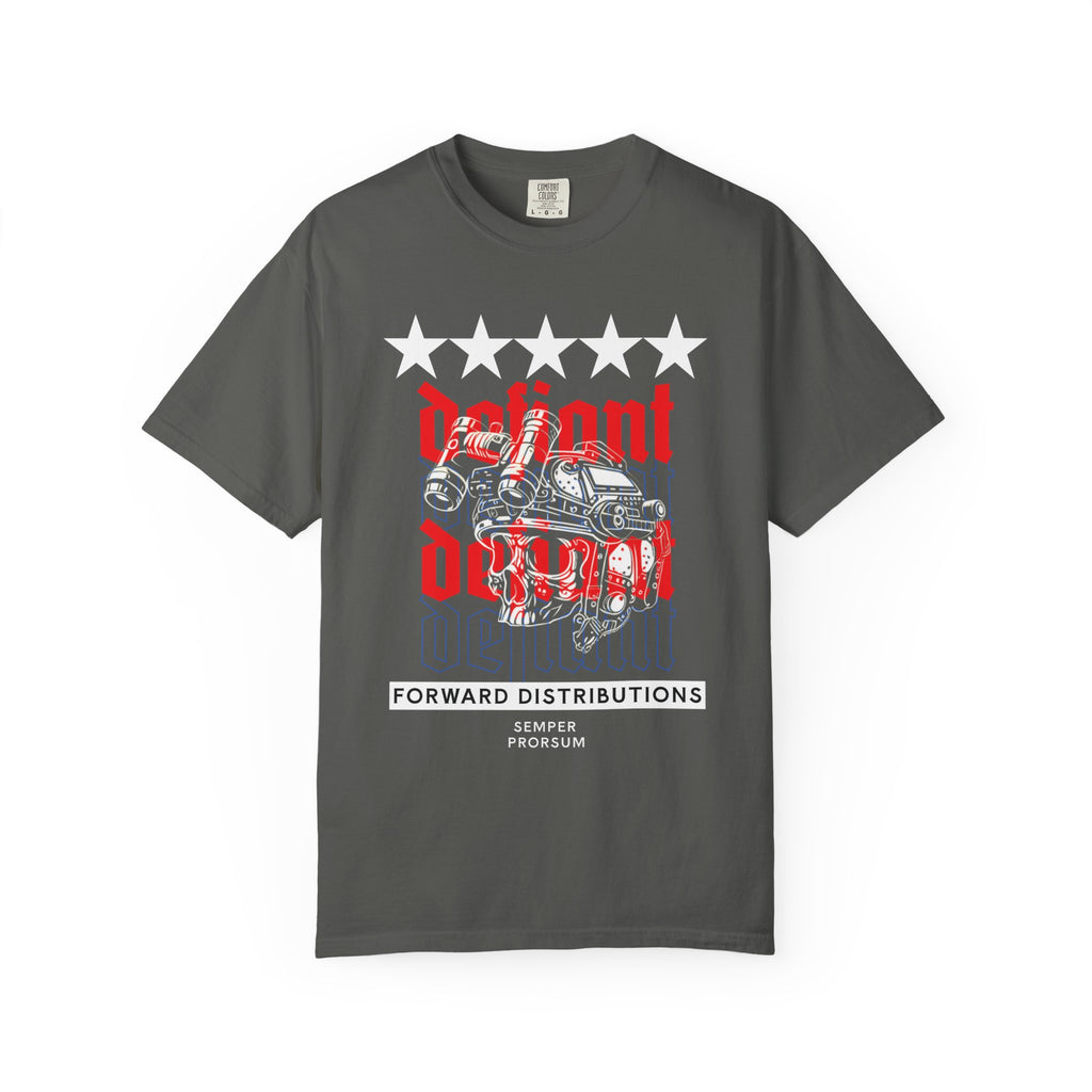 Pepper heavyweight cotton t-shirt with five stars, "Defiant" text, and a Operator skull with Night Vision graphic design