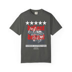 Pepper heavyweight cotton t-shirt with five stars, "Defiant" text, and a Operator skull with Night Vision graphic design
