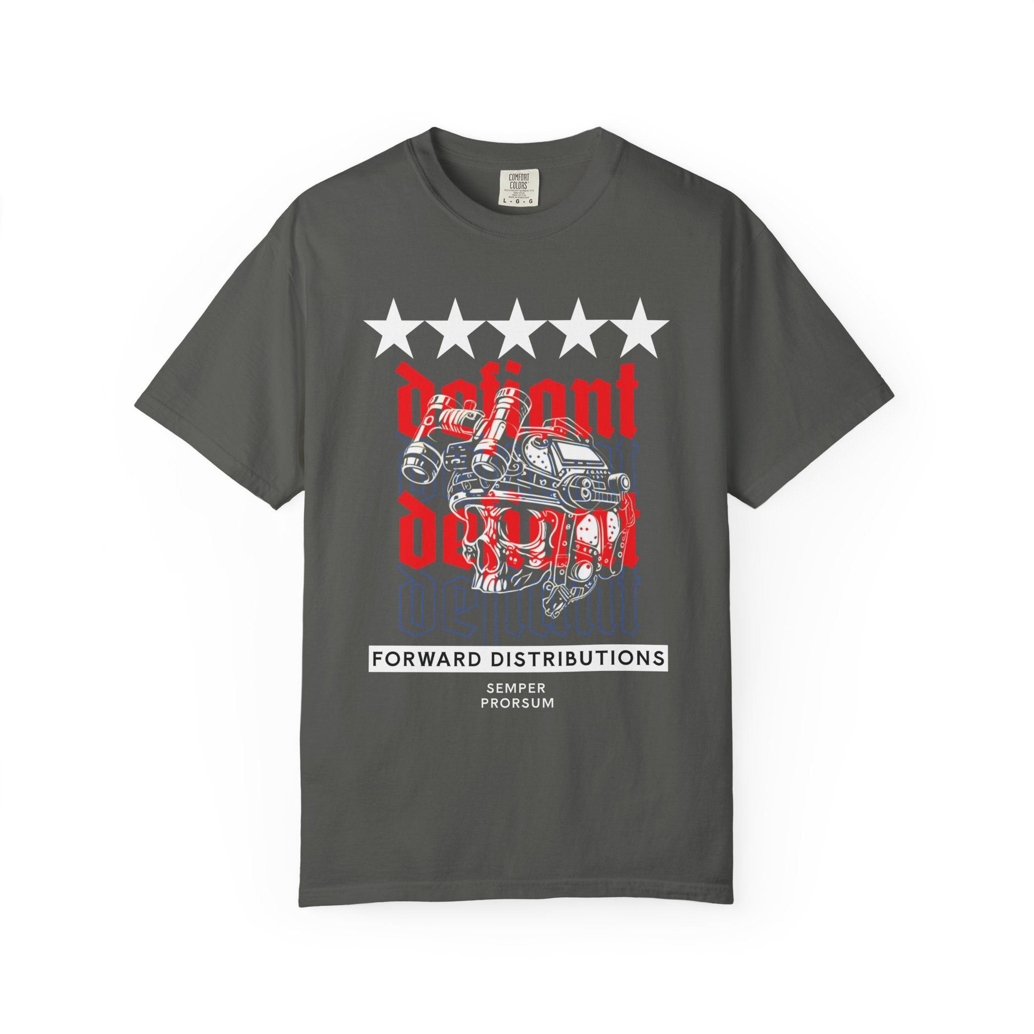Pepper heavyweight cotton t-shirt with five stars, "Defiant" text, and a Operator skull with Night Vision graphic design