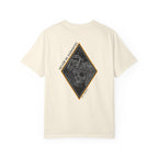 Ivory  heavyweight cotton t-shirt with a skull graphic framed by a diamond shape on the back.