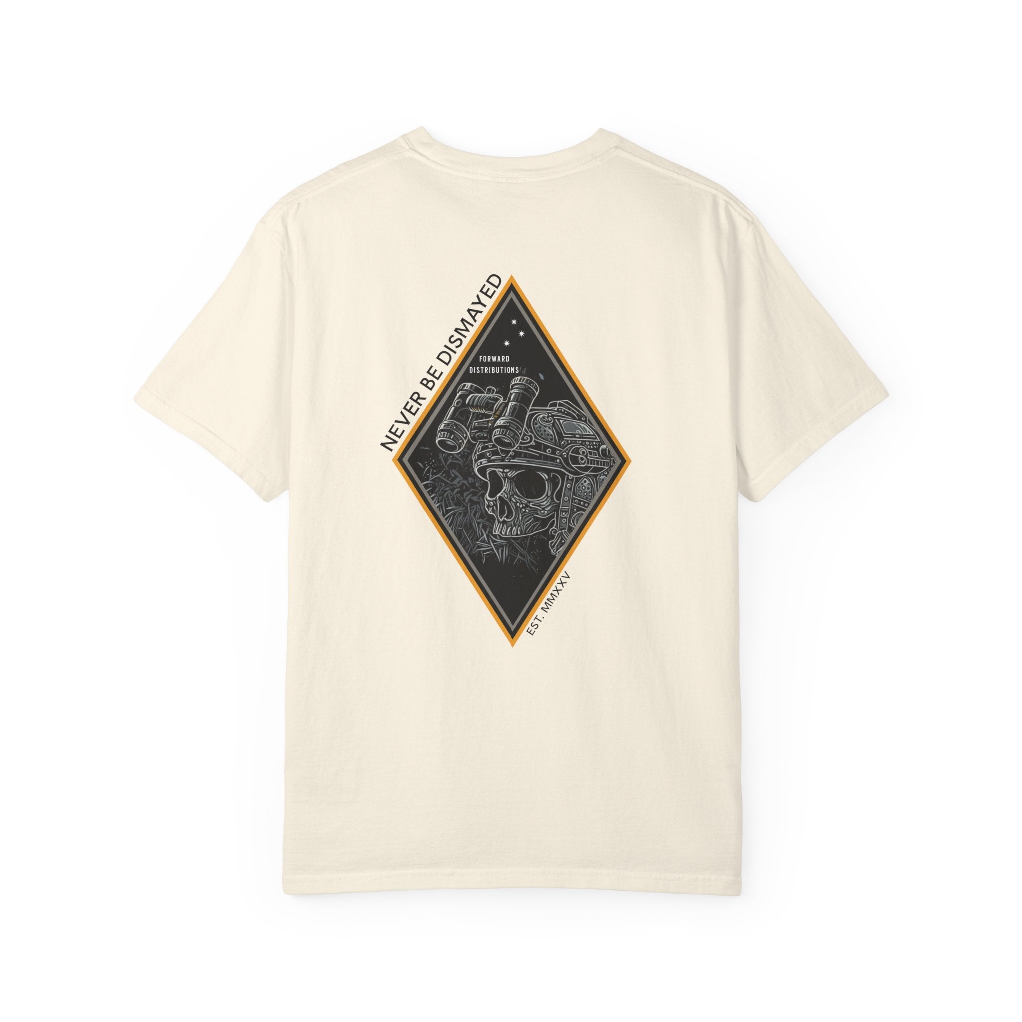 Ivory  heavyweight cotton t-shirt with a skull graphic framed by a diamond shape on the back.