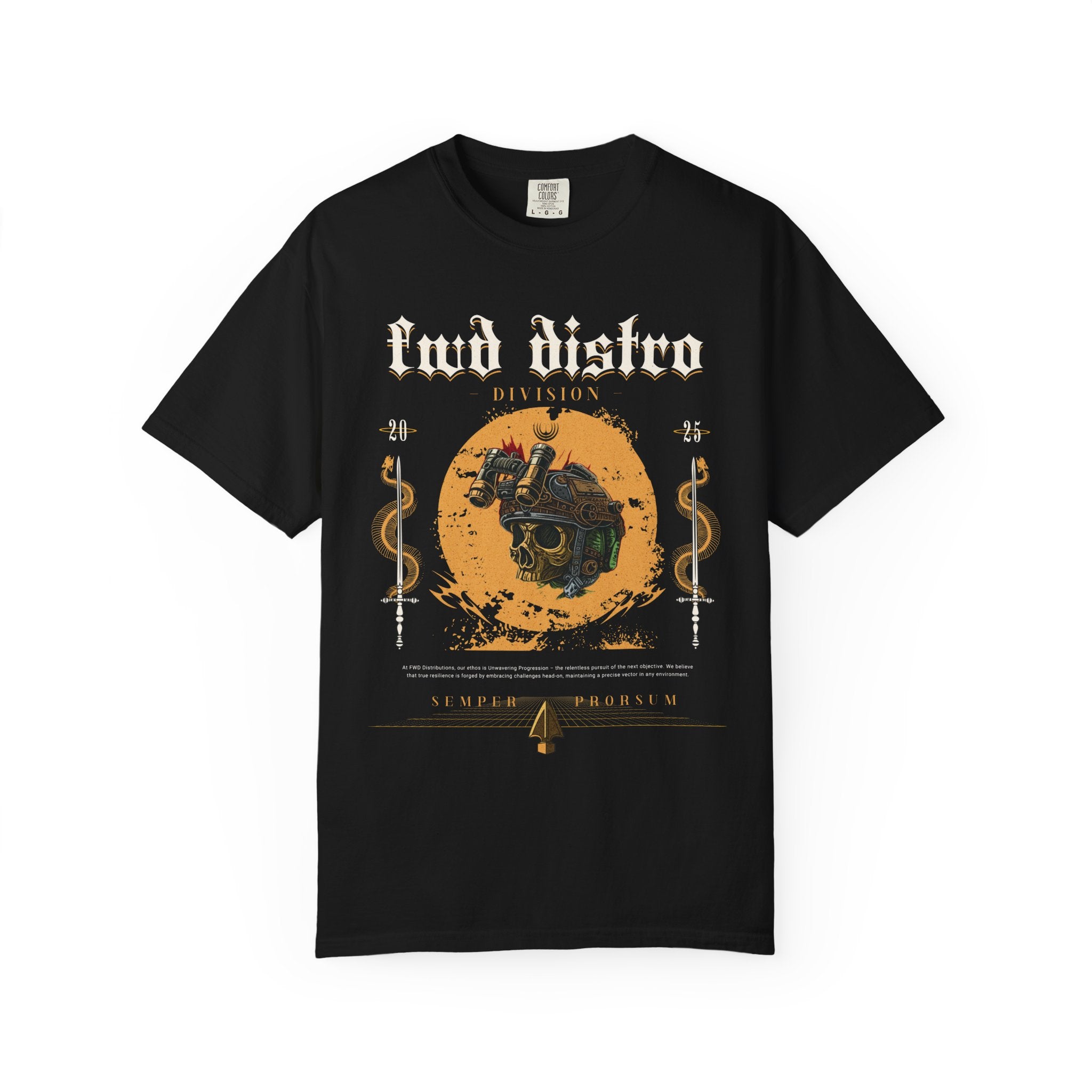 Black heavyweight cotton t-shirt with FWD Distro Division graphic and vintage emblem design on front.