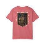 Watermelon t-shirt with "Always Forward" graphic of a soldier in tactical gear on the back, relaxed fit, heavyweight cotton.