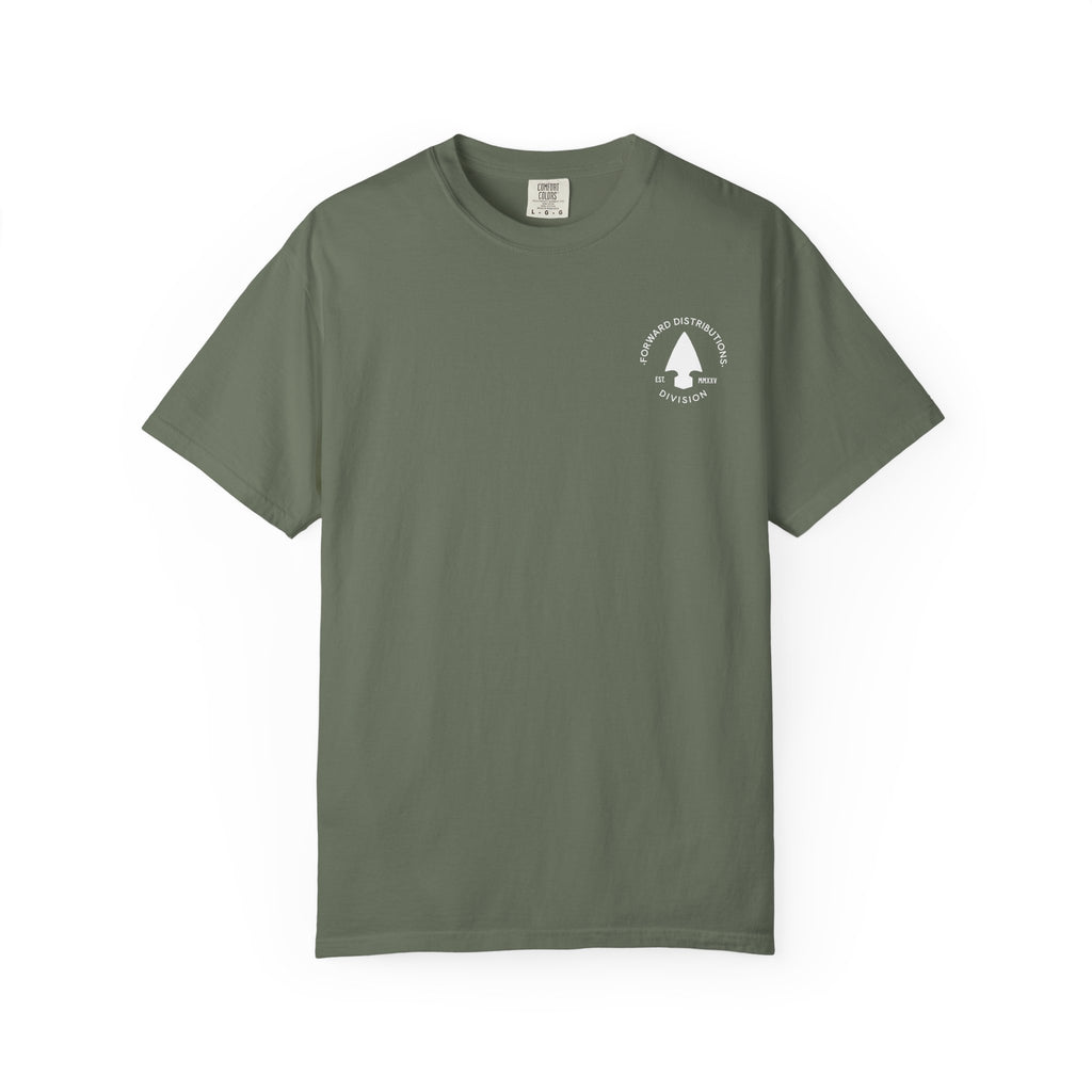 Moss t-shirt with a Forward Distributions Division badge logo.
