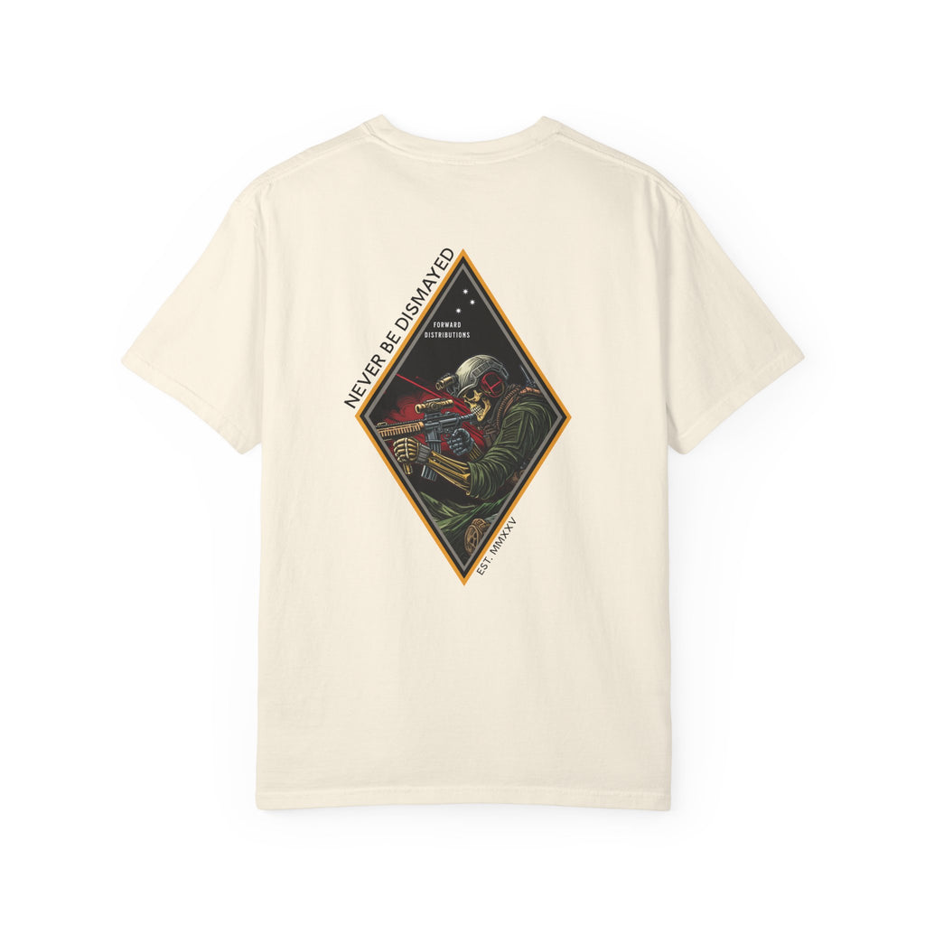 Ivory t-shirt with a diamond graphic with a skull soilder with the text Never Be Dismayed