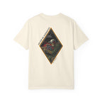 Ivory t-shirt with a diamond graphic with a skull soilder with the text Never Be Dismayed