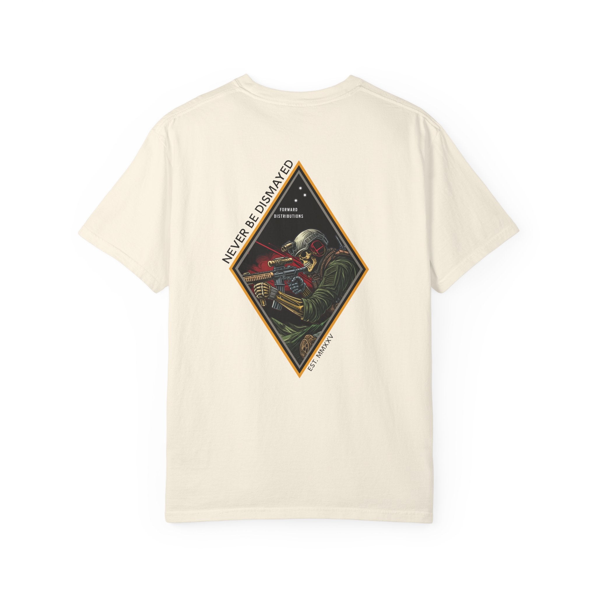 Ivory t-shirt with a diamond graphic with a skull soilder with the text Never Be Dismayed