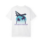 White heavyweight cotton t-shirt with retro airplane, palm trees, and "Remote Vacay" text graphic on back.