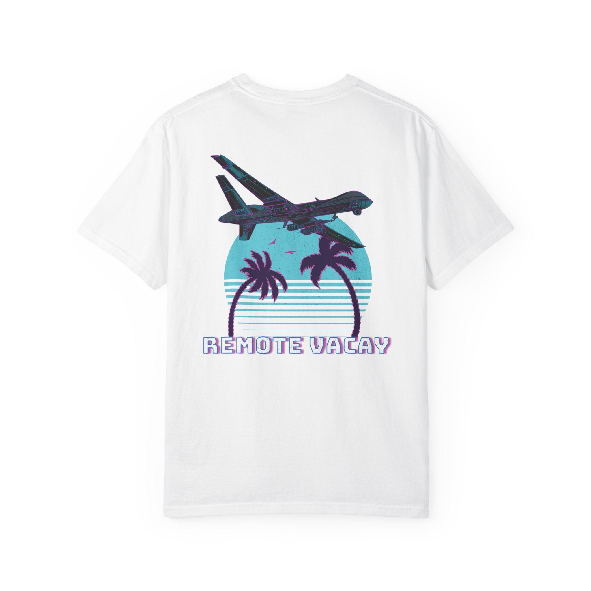 White heavyweight cotton t-shirt with retro airplane, palm trees, and "Remote Vacay" text graphic on back.
