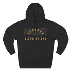 Black hoodie with adjustable hood, kangaroo pocket, and split camo black multicam design with Forward Distributions text