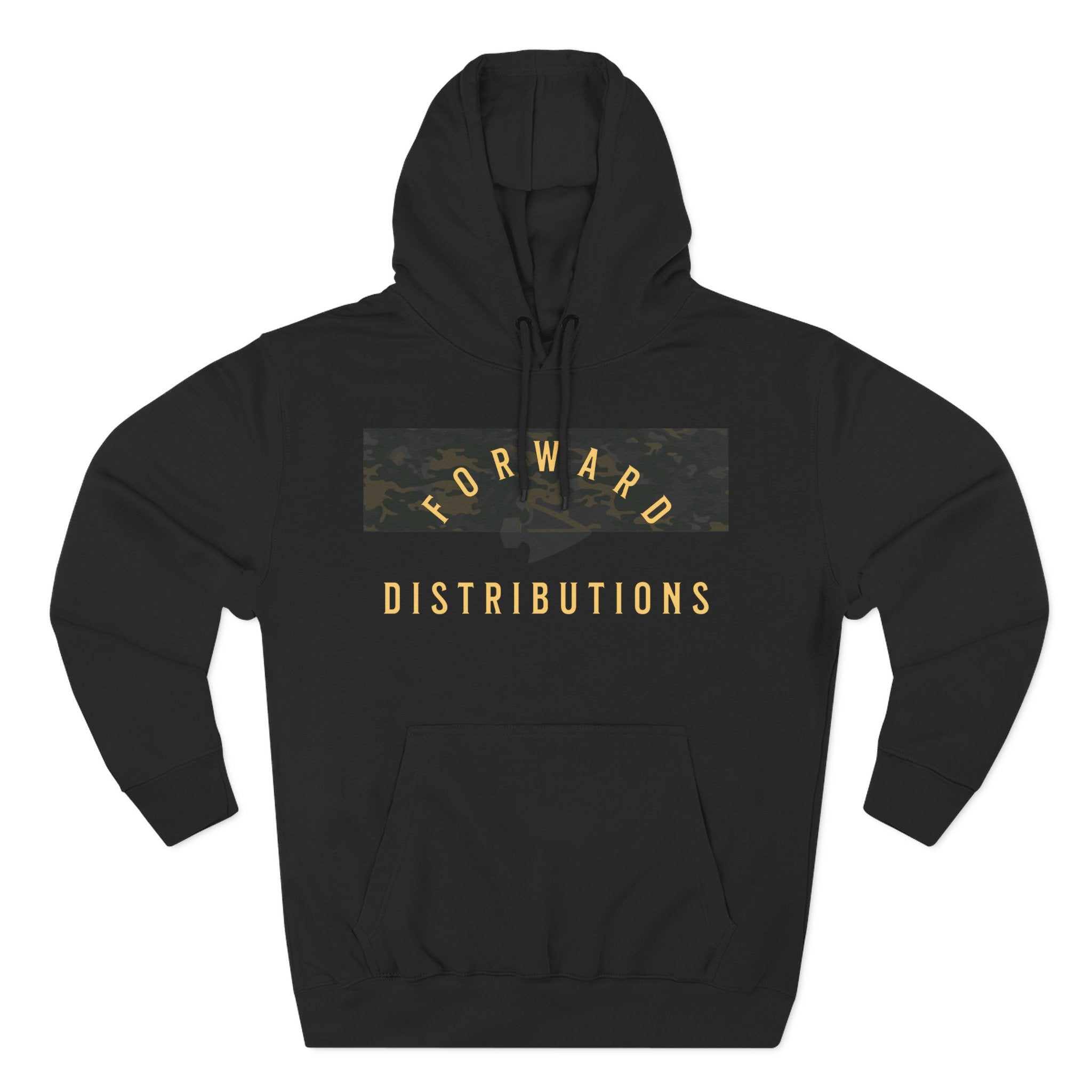 Black hoodie with adjustable hood, kangaroo pocket, and split camo black multicam design with Forward Distributions text