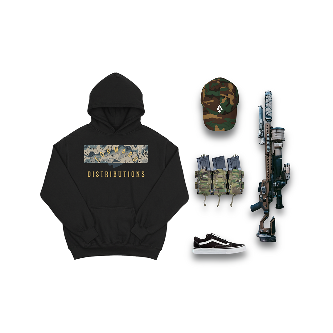 Black hoodie with 'Forward Distributions' text, camouflage hat, tactical pouches, and Vans sneakers.