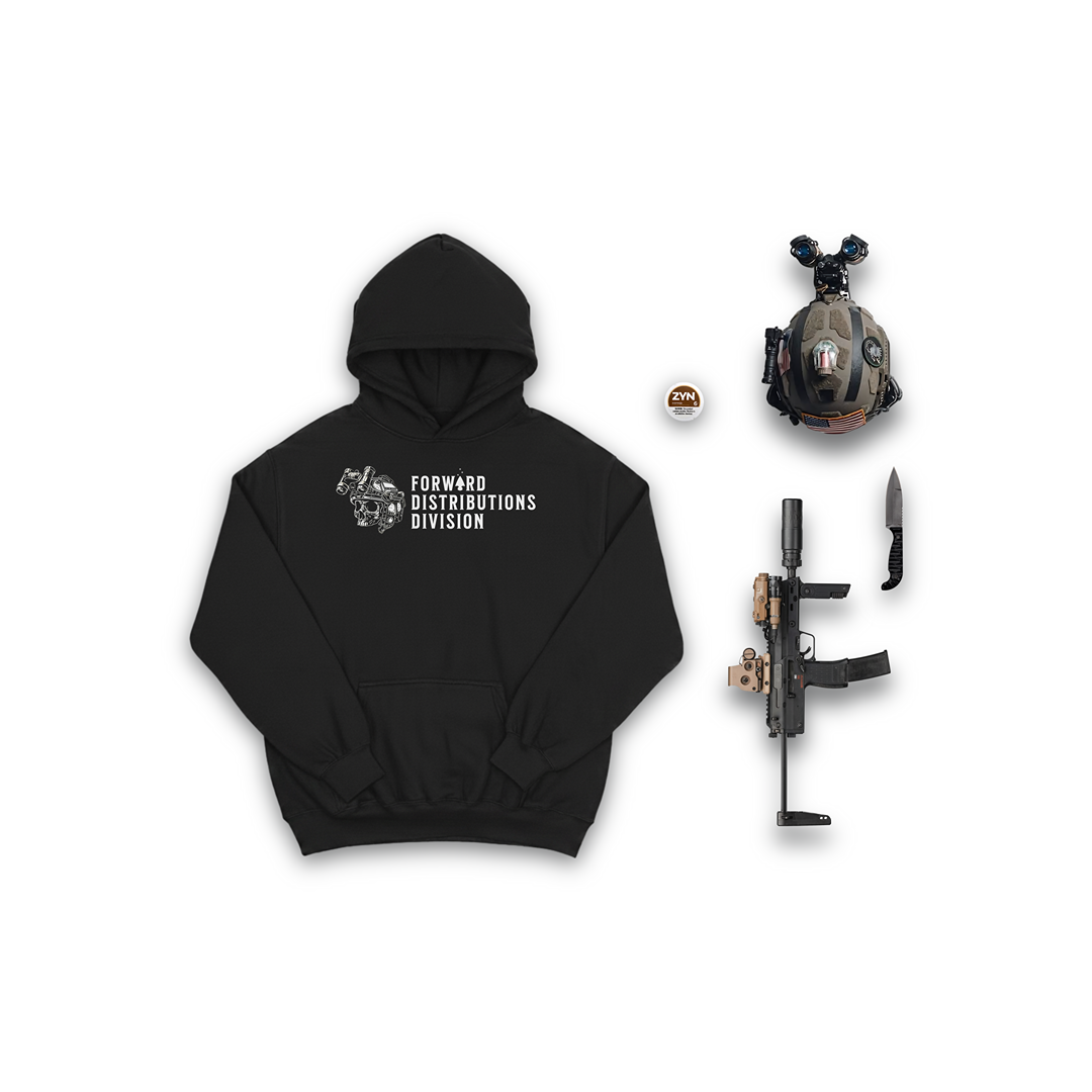 Black hoodie with 'Forward Distributions Division' text, helmet, and tactical gear.