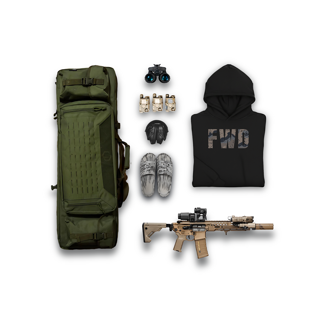 Collection of tactical gear including a green bag, hoodie with 'FWD' logo, rifle, and other equipment.