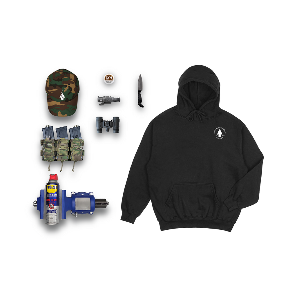 Black hoodie with a FD Badge logo, camouflage cap, and various tools and tactical gear. 