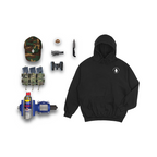 Black hoodie with a FD Badge logo, camouflage cap, and various tools and tactical gear. 