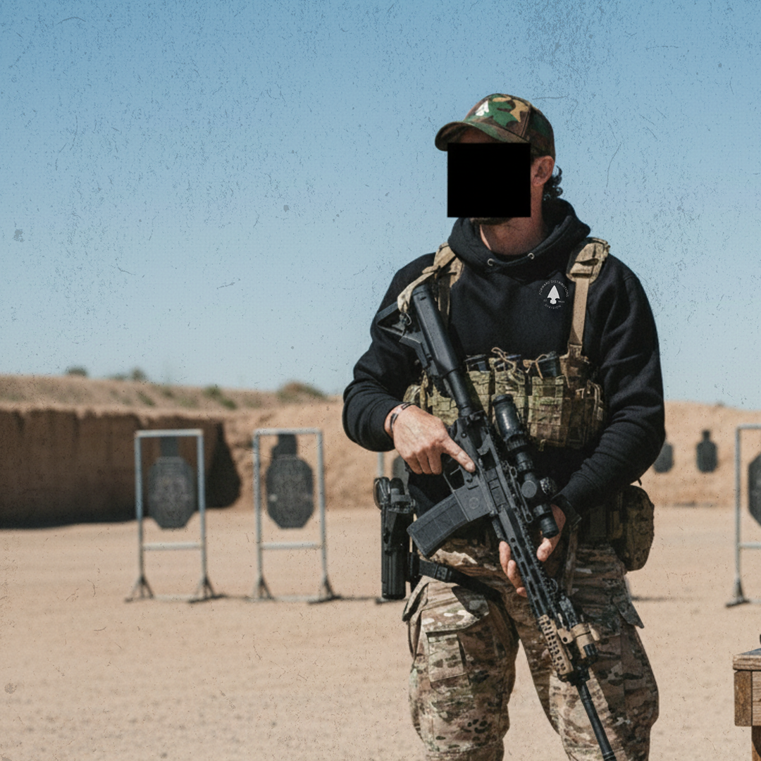 Person in tactical gear holding a rifle at an outdoor shooting range wearing a Forward Distributions hoodie. 