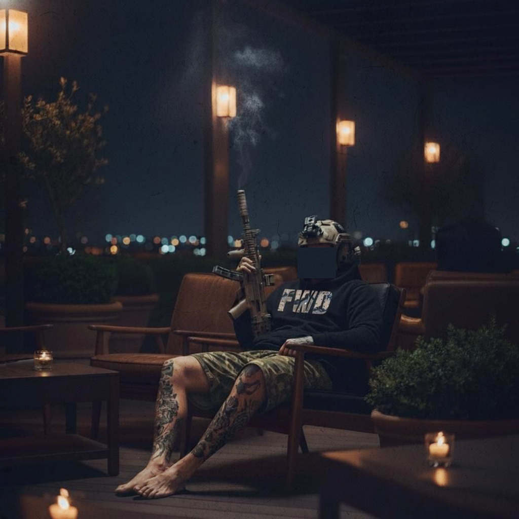 Person sitting outdoors at night with a rifle, wearing a hoodie with FWD hoodie, surrounded by candles and plants.