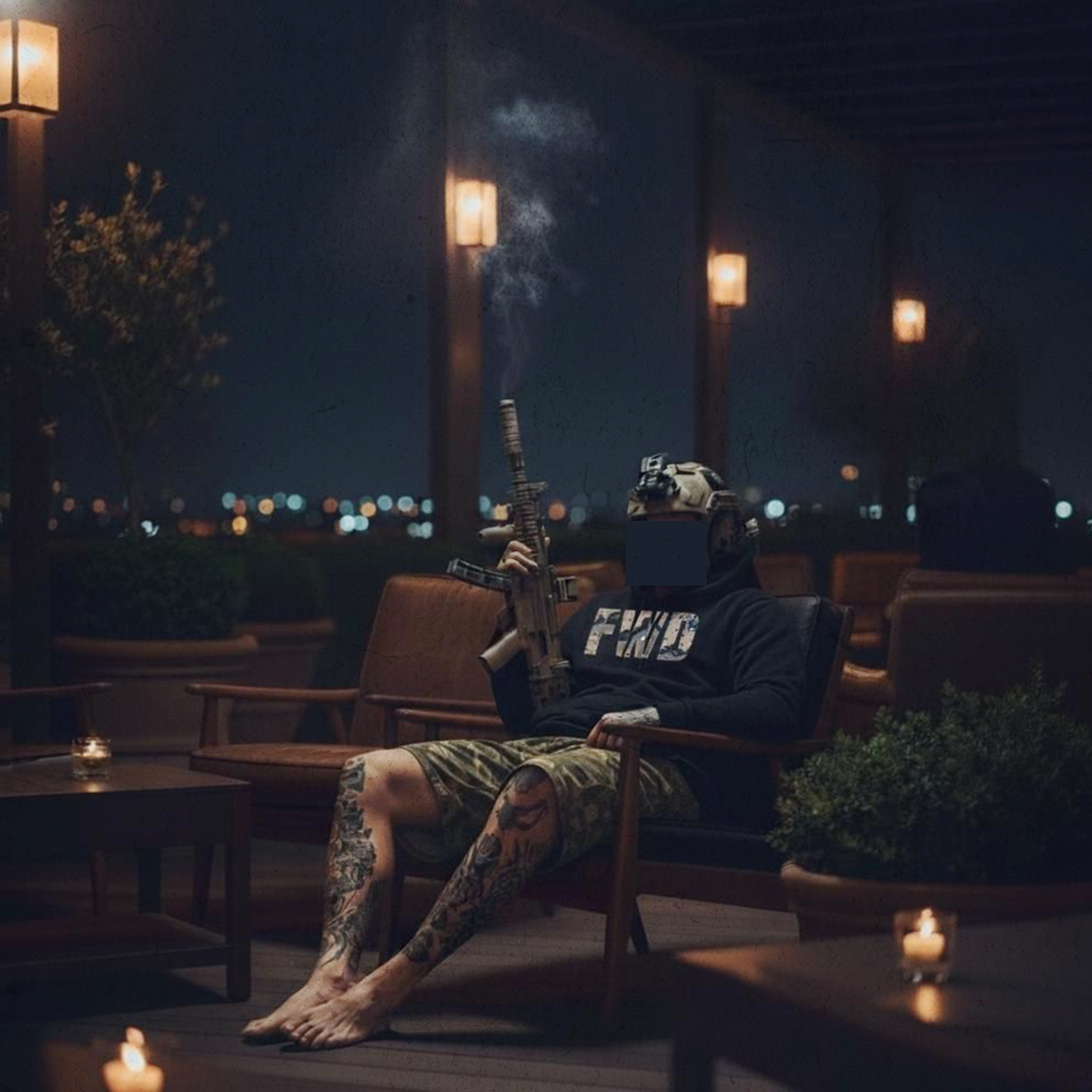 Person sitting outdoors at night with a rifle, wearing a hoodie with FWD hoodie, surrounded by candles and plants.