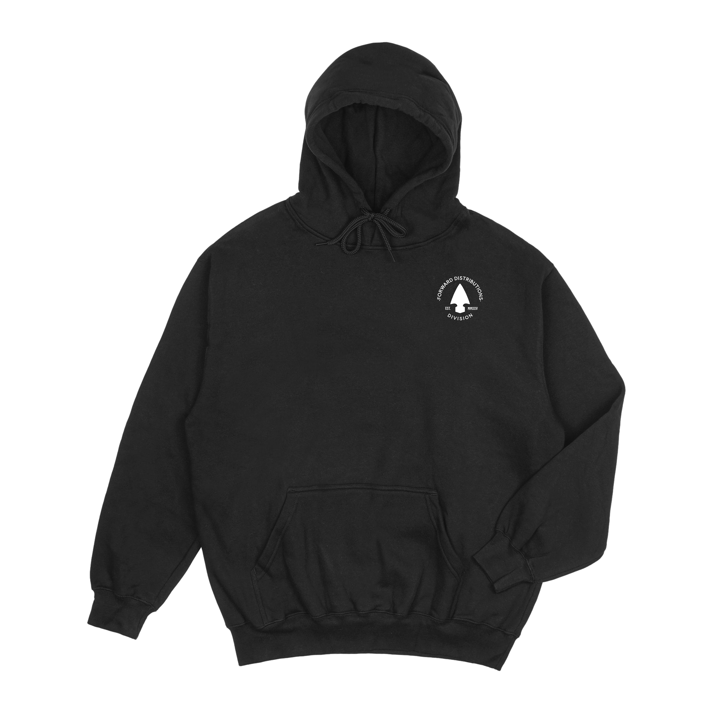 Black hoodie with adjustable hood, front kangaroo pocket, and Forward Distributions Division Signature Logo. 