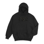 Black hoodie with adjustable hood, kangaroo pocket, and FWD text in black multicam.