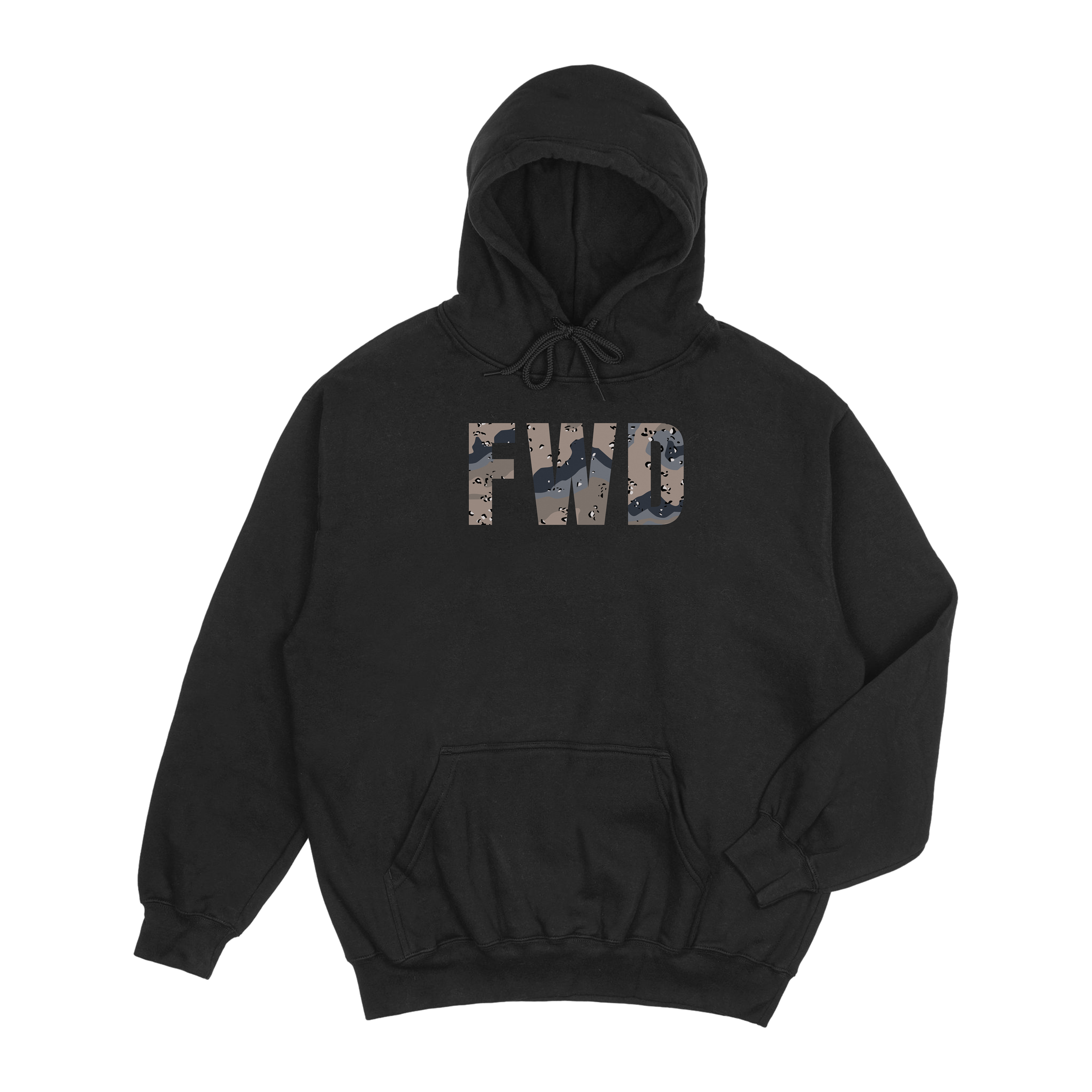 Black hoodie with adjustable hood, kangaroo pocket, and FWD text in Blueberry Chip.