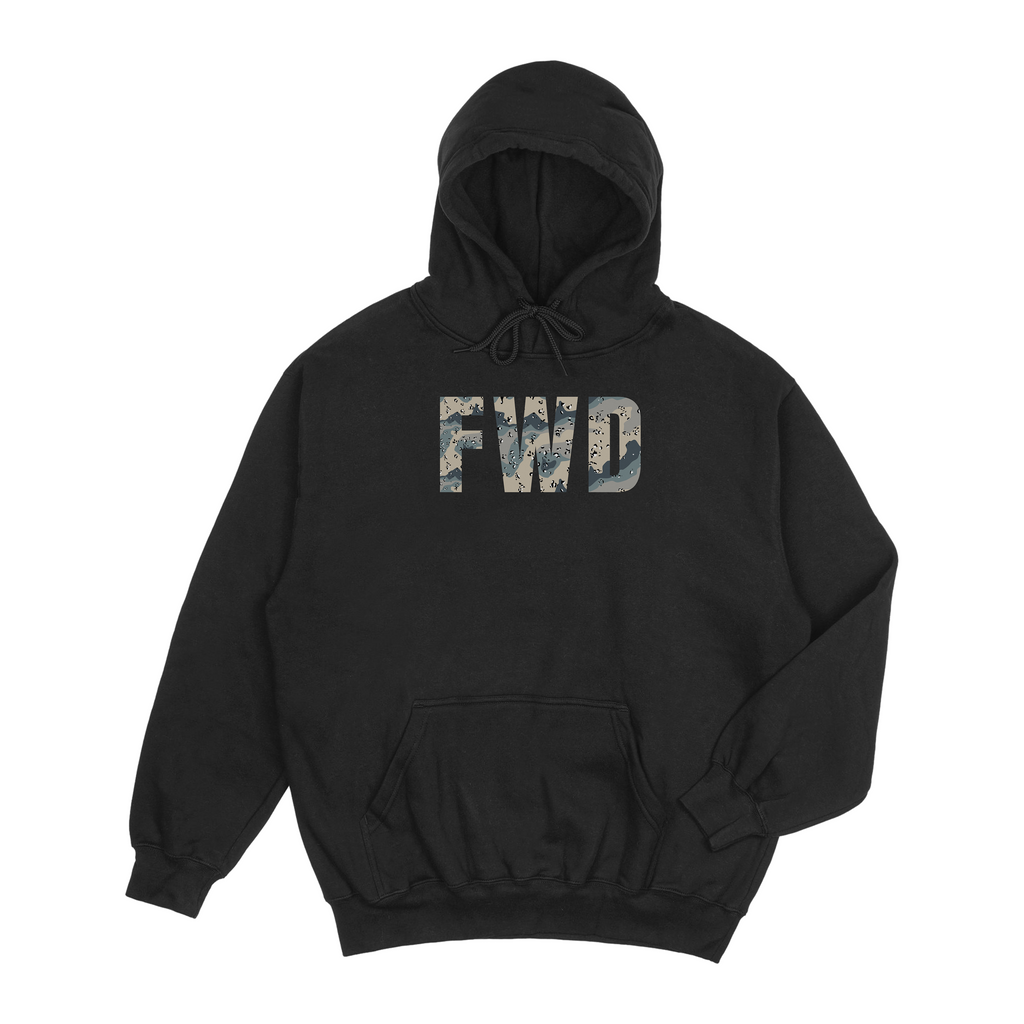 Black hoodie with adjustable hood, kangaroo pocket, and FWD text in Polar Choc Chip.