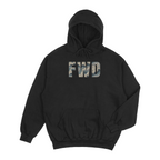 Black hoodie with adjustable hood, kangaroo pocket, and FWD text in Polar Choc Chip.