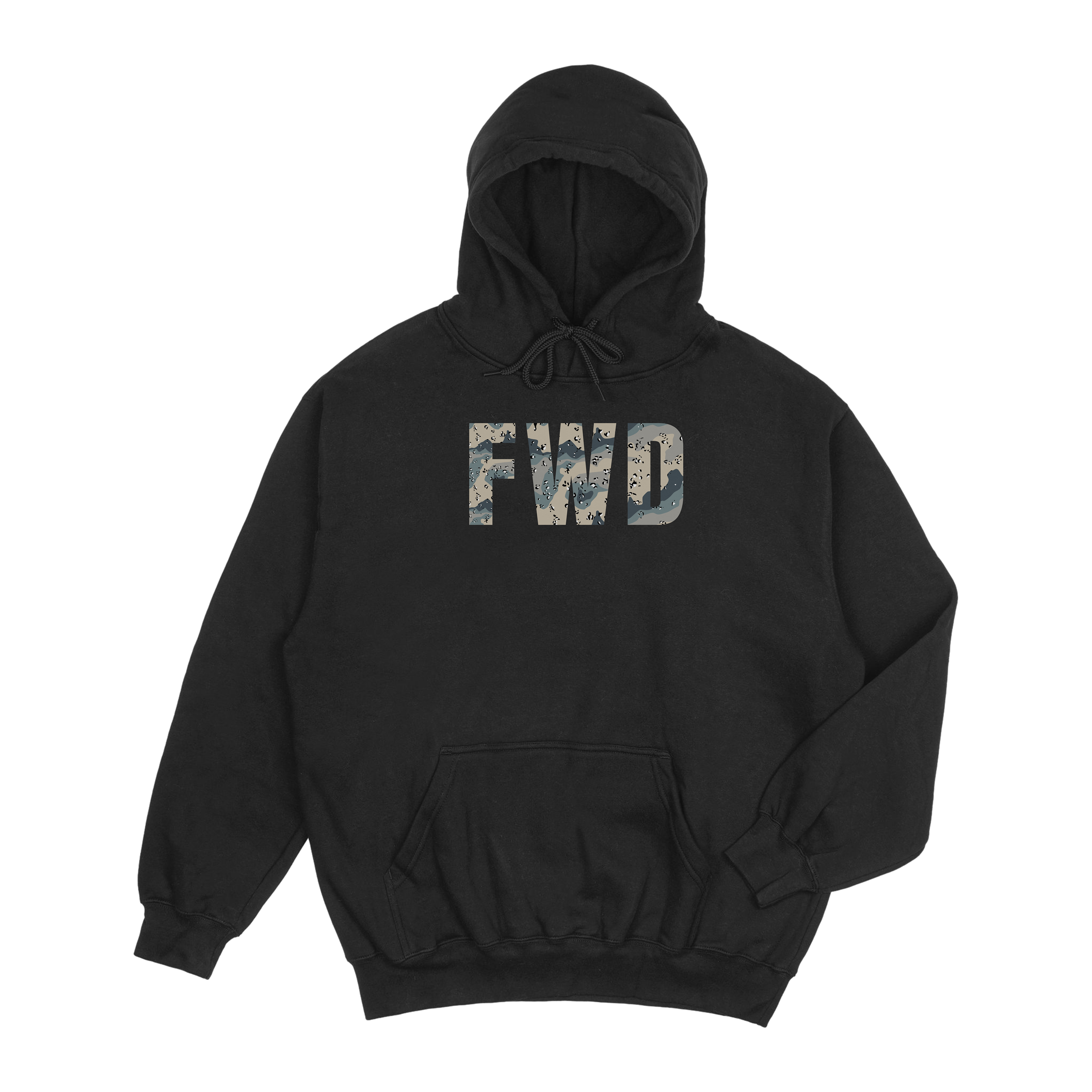 Black hoodie with adjustable hood, kangaroo pocket, and FWD text in Polar Choc Chip.