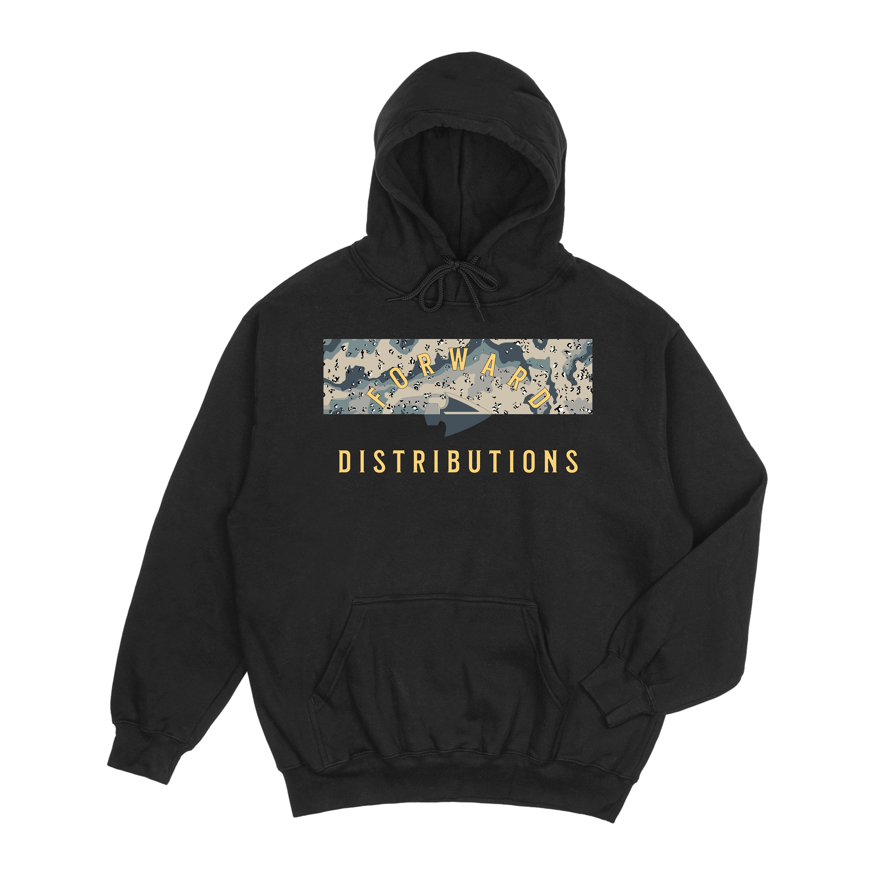 Black hoodie with adjustable hood, front kangaroo pocket, and camo print text design reading Forward Distributions